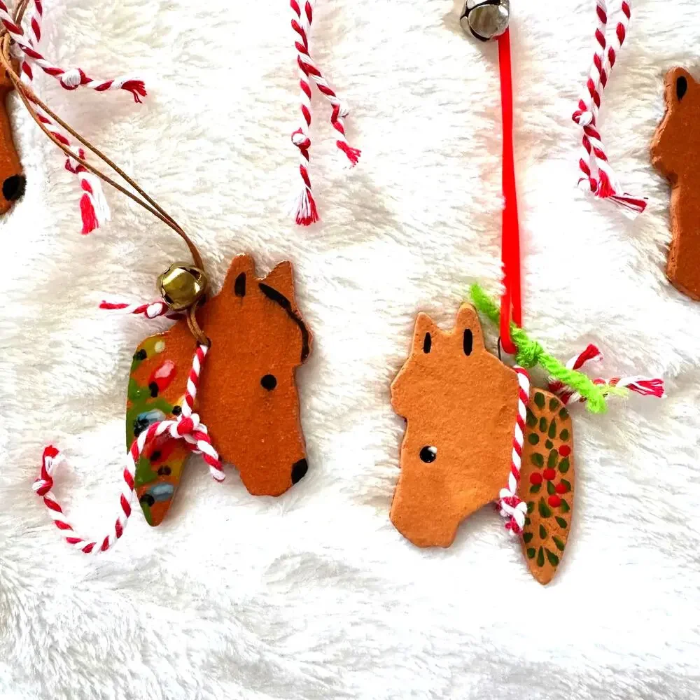 Lot of 7 Ceramic Bridled Horse Holiday Rodeo Hand Painted Folk Art Ornaments